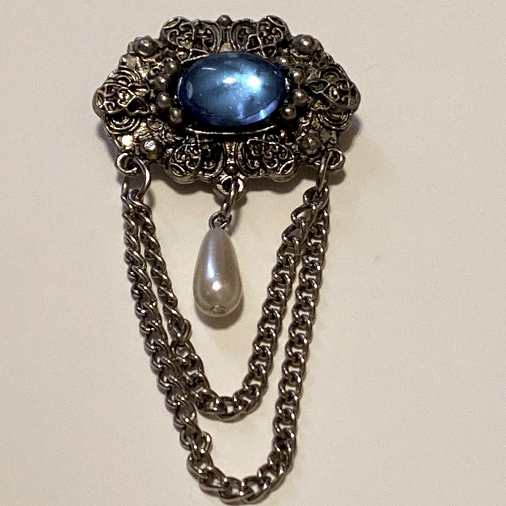 Vintage 1980’s Victorian Style Blue Stone Faux Pearl Two Chain Brooch Pin